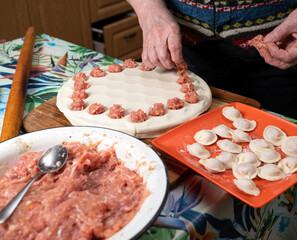 Woman cooking delicious homemade dumplings on the kitchen