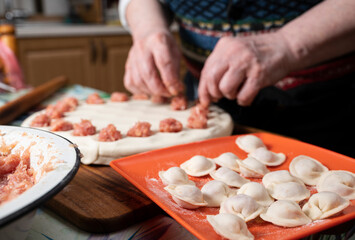 Obraz na płótnie Canvas Woman cooking delicious homemade dumplings on the kitchen