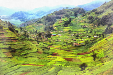 Wunderschöne Berglandschaft mit kultivierten Feldern, bunte Malerei sieht aus wie Bild, Uganda. © idea_studio