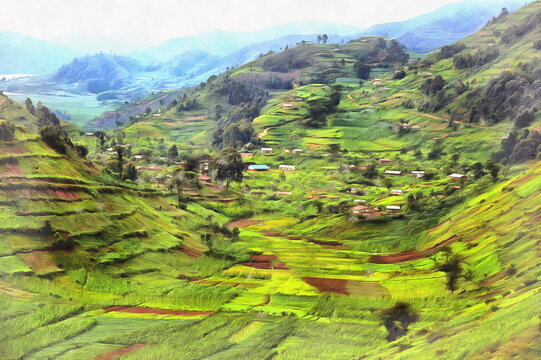 Beautiful mountain landscape with cultivated fields colorful painting looks like picture, Uganda.