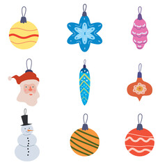 Set Christmas Retro Toys balls decorative elements. Xmas collection vintage elements baubles. Vector illustration accessories for poster