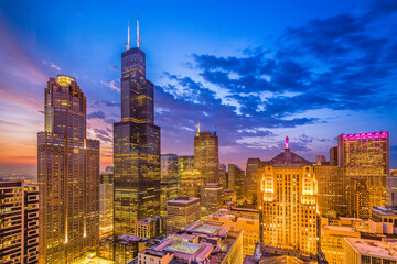 Chicago, Illinois, USA downtown cityscape at dusk.