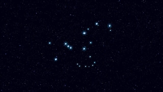 Orion constellation, gradually zooming rotating image with stars and outlines, 4K educational video