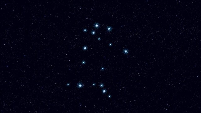Gemini (The Twins) constellation, gradually zooming rotating image with stars and outlines, 4K educational video