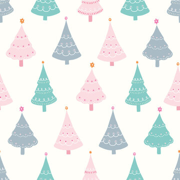 Christmas tree pattern design with stars, cute vector seamless repeat of hand drawn festive decorated trees. © Anna Beatty