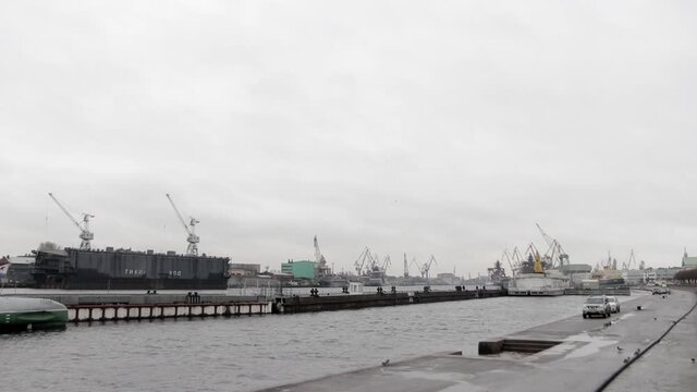 Shipyards in Saint Petersburg. Cloudy weather on Vasilievsky island
