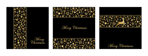 Pack of greeting cards with gold Christmas  deer, gifts, snowflakes, christmas tree on black background. Vector illustration. Gold holliday pattern