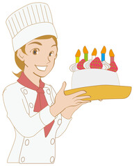 誕生日ケーキを持つパティシエの女性