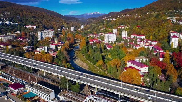 Khosta town timelapse. Aerial hyperlapse of the town of Khosta located in Caucasus Mountains in Russia. 