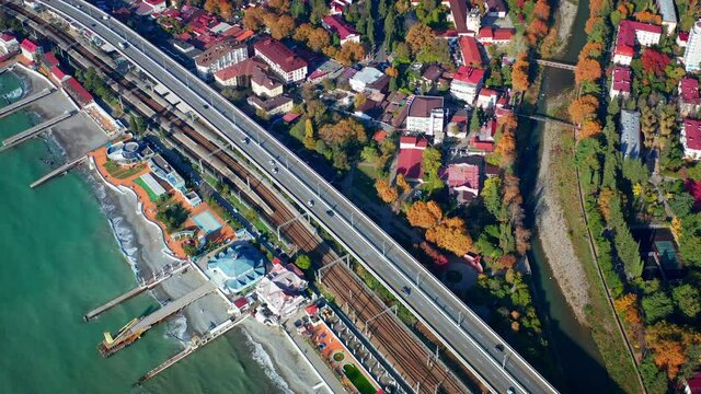 Highway along the Black Sea. Aerial view of the highway on the Black Sea coastline linking the cities of Sochi and Adler