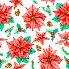 Seamless pattern of red Poinsettia star flower, Pine cone and leaves