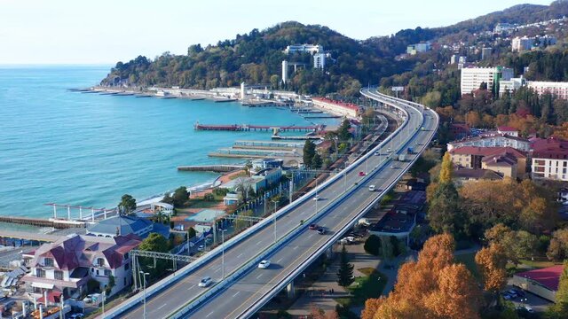 Highway along the Black Sea. Aerial view of the highway on the Black Sea coastline linking the cities of Sochi and Adler