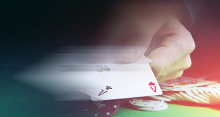 Gambling .Close-up cards for playing poker on a gaming table in a casino