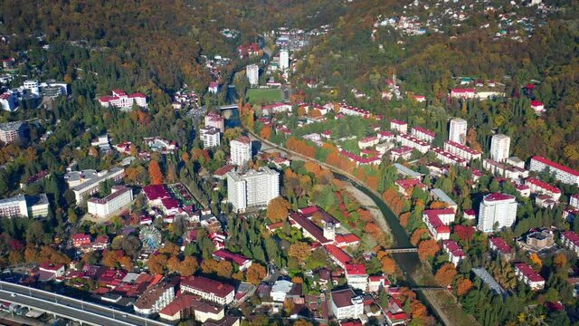 Khosta town. Aerial view of the town of Khosta located in Caucasus Mountains in Russia.