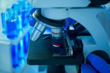 Close up of microscope in laboratory, Science and technology healthcare concept
