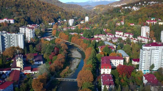 Khosta town. Aerial view of the town of Khosta located in Caucasus Mountains in Russia.