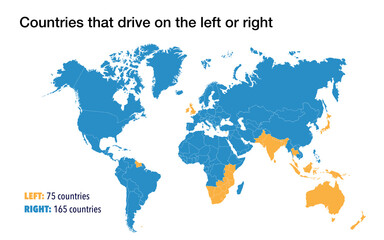 Fototapeta na wymiar World map with the countries that drive on the left and on the right side of the road