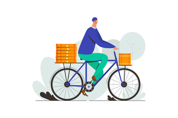 Pizza delivery man by bycicle. Online Food delivery service to customer at home concept. Flat vector illustration