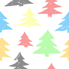 Seamless vector hand draw pattern, New year Christmas tree multicolored