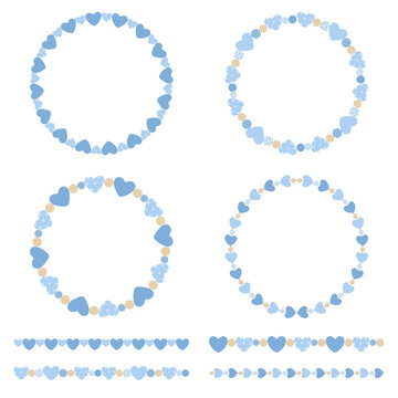 Set of circle frames and borders with pastel blue heart elements. For Valentine's Day, wedding, baby shower, birthday party, photo frames, etc.