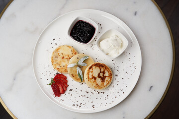Healthy breakfast table with Crepes, blueberries