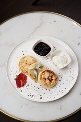 Healthy breakfast table with Crepes, blueberries