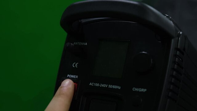 Studio soft light back screen. Lighting studio equipment. Green screen. Close up shot.