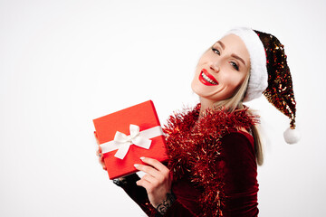 Happy Pretty woman with gift box on white background. New year and Christmas