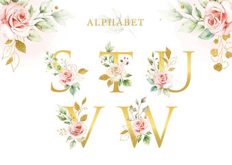 Watercolor floral alphabet set with golden leaves © colovecto