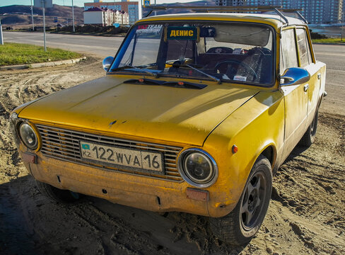 Kazakhstan, Ust-Kamenogorsk, ocotober 20, 2020: Old soviet car VAZ 2101. Yellow Lada. Zhiguli