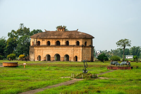 Sivasagar, India - November 2020: The Rang Ghar the royal sports-pavilion where Ahom kings and nobles were spectators at games on November 22, 2020 in Sivasagar, Assam, India.