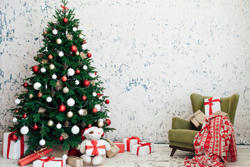 Christmas tree pine with gifts new year interior decor