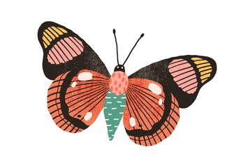 Butterfly with bright wings and antennae isolated on white background. Gorgeous flying moth. Beautiful summer insect. Flat textured vector illustration