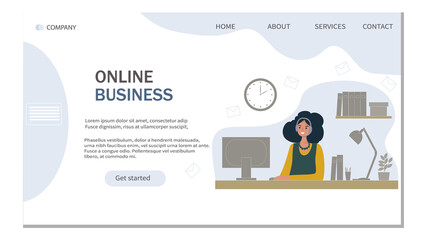 Woman works at home, online business. Virtual connection from the home office. Studying online, education, freelance. for web design, banner, mobile app, landing page, vector flat design