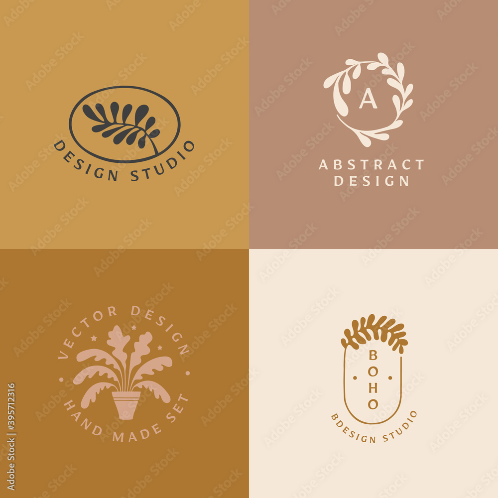 Aufkleber vector logo design template in simple minimal style with hand-drawn leaves