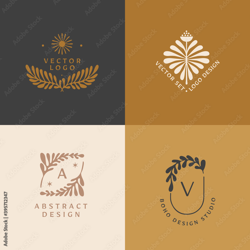 Poster Vector logo design template in simple minimal style with hand-drawn leaves