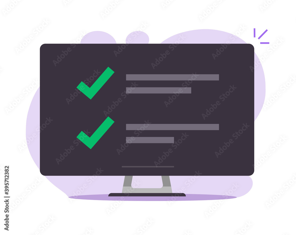 Poster Checklist with check marks list online on computer screen vector flat cartoon illustration, idea of task manager app, to do list with done scheduled things, digital report with checkbox