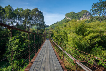 Fototapeta na wymiar The suspension bridge to see the Heart shape of the mountain