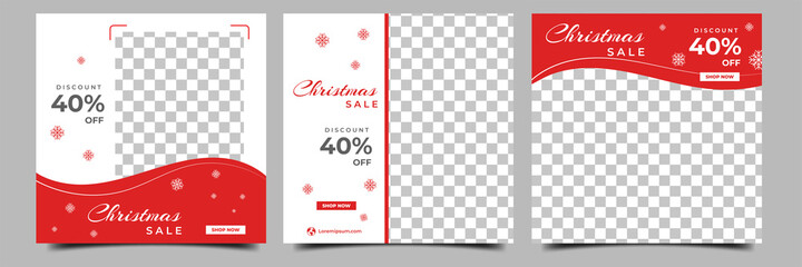 Set of editable square banner designs. Red and white color background with snowflakes illustration. Christmas social media post with a photo collage. Usable for social media, and web internet ads.