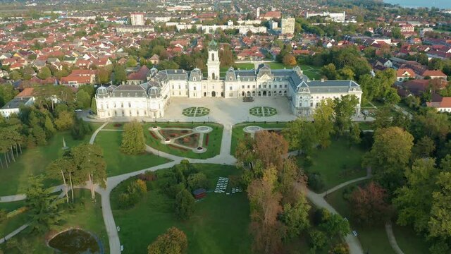Keszthely, Hungary - 4K drone flying above the famous Festetics Palace (Festetics Kastely) at autumn season. The town of Keszthely has been located in Zala county at Lake Balaton