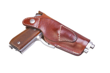 Pistol in leather holster turned right side