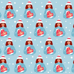 Beautiful girl holding a box with a gift in the shape of a heart. Portrait of a young girl vector illustration. Christmas and valentines day seamless pattern