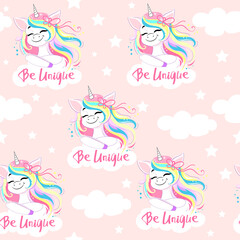 Beautiful unicorn and the inscription be unique on a pink background. Birthday card. Vector illustration seamless pattern