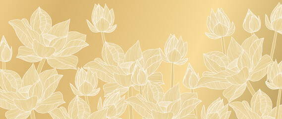 Luxury wallpaper design with Golden lotus and natural background. Lotus line arts design for wall arts, fabric, prints and background texture, Vector illustration.