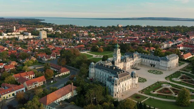 Keszthely, Hungary - 4K drone flying by the famous Festetics Palace (Festetics Kastely) at autumn season. The town of Keszthely has been located in Zala county at Lake Balaton