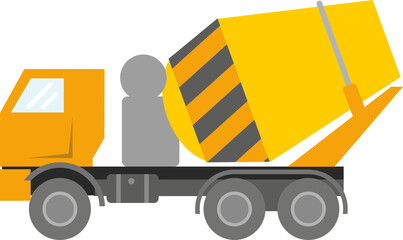 Modern construction equipment. Yellow concrete mixer truck isolated on white background. Flat infographics. Vector illustration..