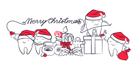 Christmas banner with smiling teeth in a Santa Claus hat, floss, and Christmas symbols isolated on a white. Holiday dental new year card, design element for greetings. Outline drawing. - 395715927