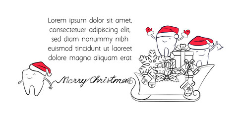 Horizontal Christmas banner with a place for text. Smiling teeth in a Santa Claus hat and lettering "Merry Christmas". Holiday dental new year card, Christmas symbols, design element for greetings.