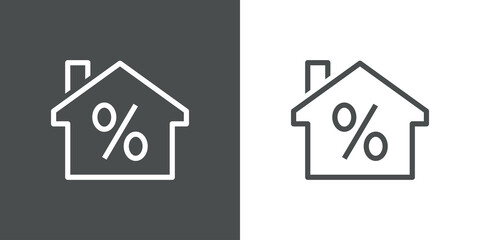 Concepto Real Estate. Logotipo casa con símbolo porcentaje con lineas en fondo gris y fondo blanco © teracreonte