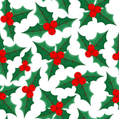 Christmas seamless pattern with holly berries on white background.